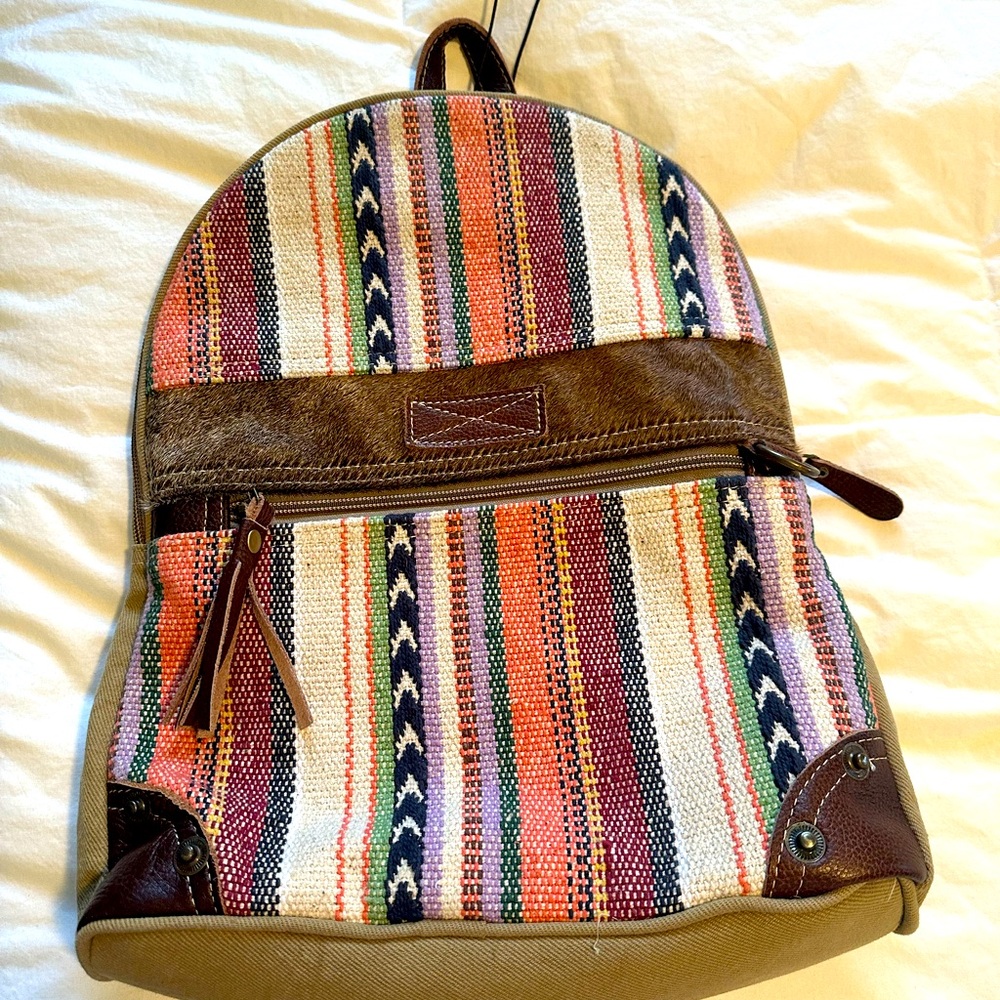 Myra Bag Vibrant Striped Backpack with Brown Accents